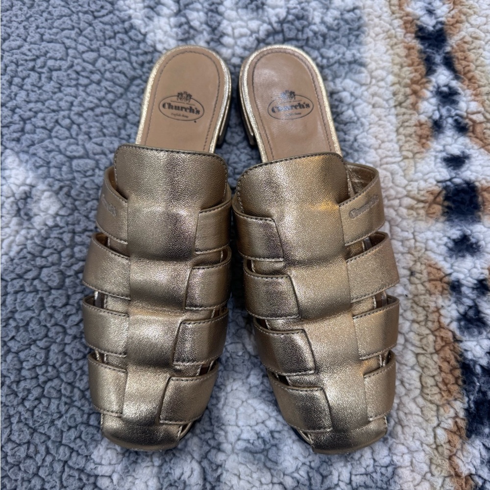 Church's Metallic Gold Woven Mule Sandals